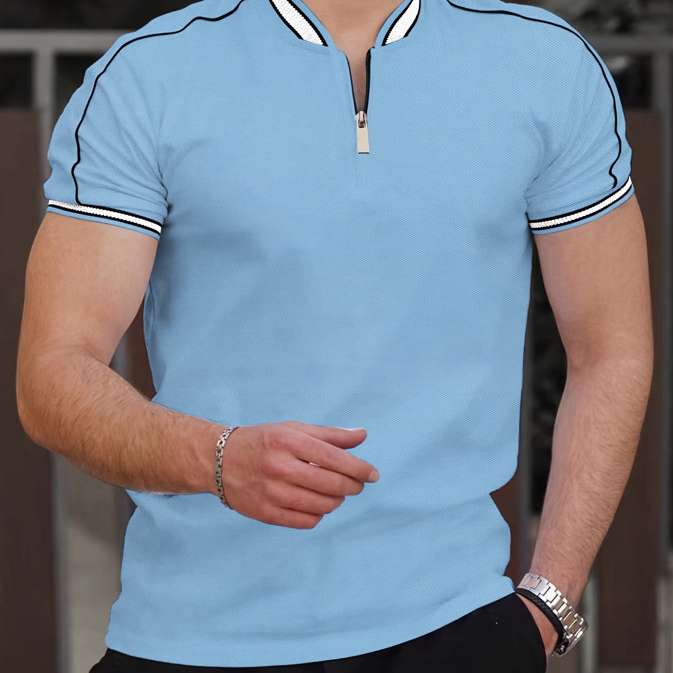 Men'S Casual Short Sleeve Polo Shirt - Beige with Black Side Stripes, Comfortable Breathable Fabric, Mandarin Collar, Zipper Detail, Perfect for Sports, Outdoor Activities & Casual Wear, Sports Casual Wear | Minimalist Design | Comfortable Fit