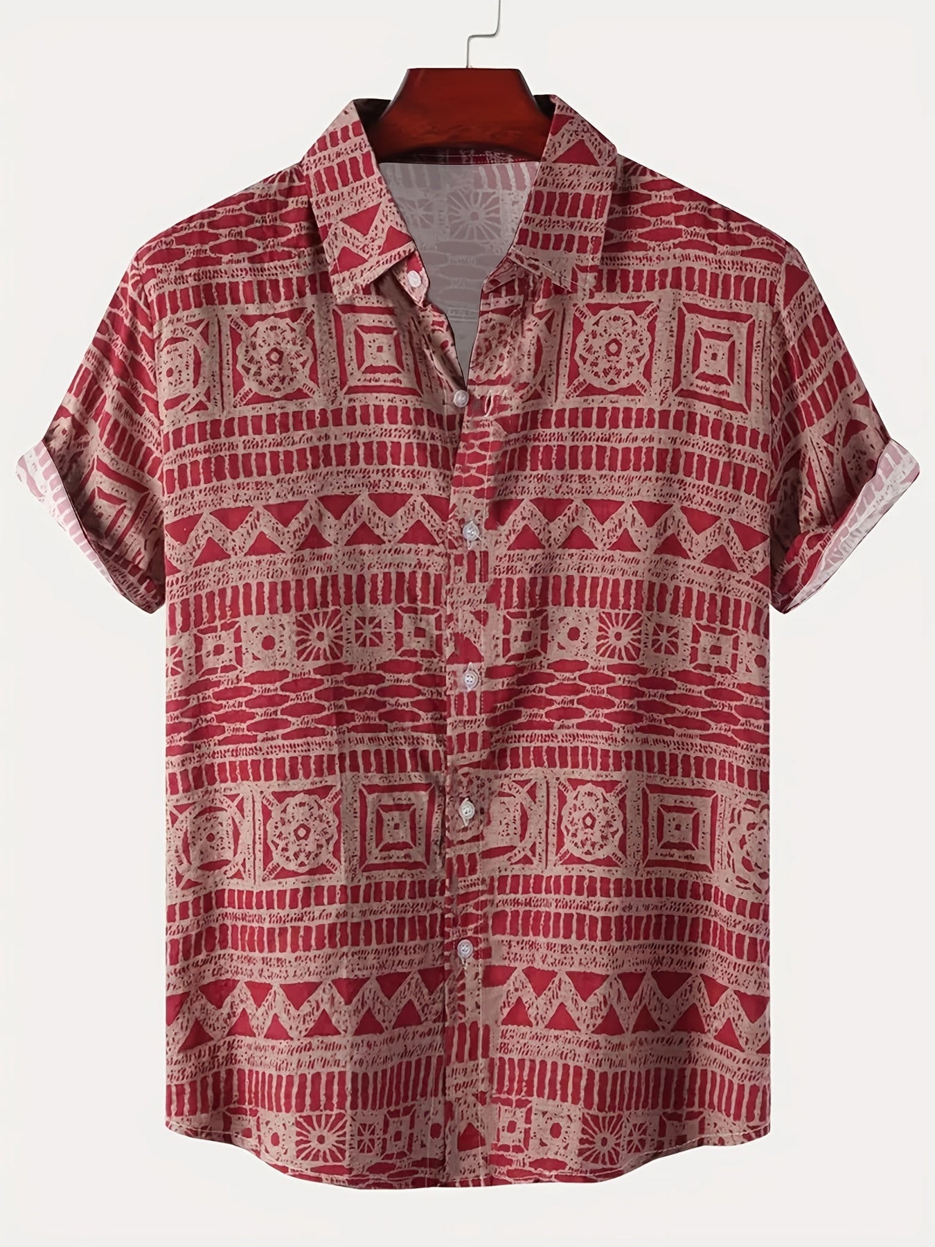 Men's Casual Short-Sleeve Button-Up Shirt with Vibrant Red & White Geometric Print - Lightweight Polyester, Machine Washable, Perfect for Summer Outings, Relaxed Fit Shirt | Ethnic Print Shirt | Polyester Fabric