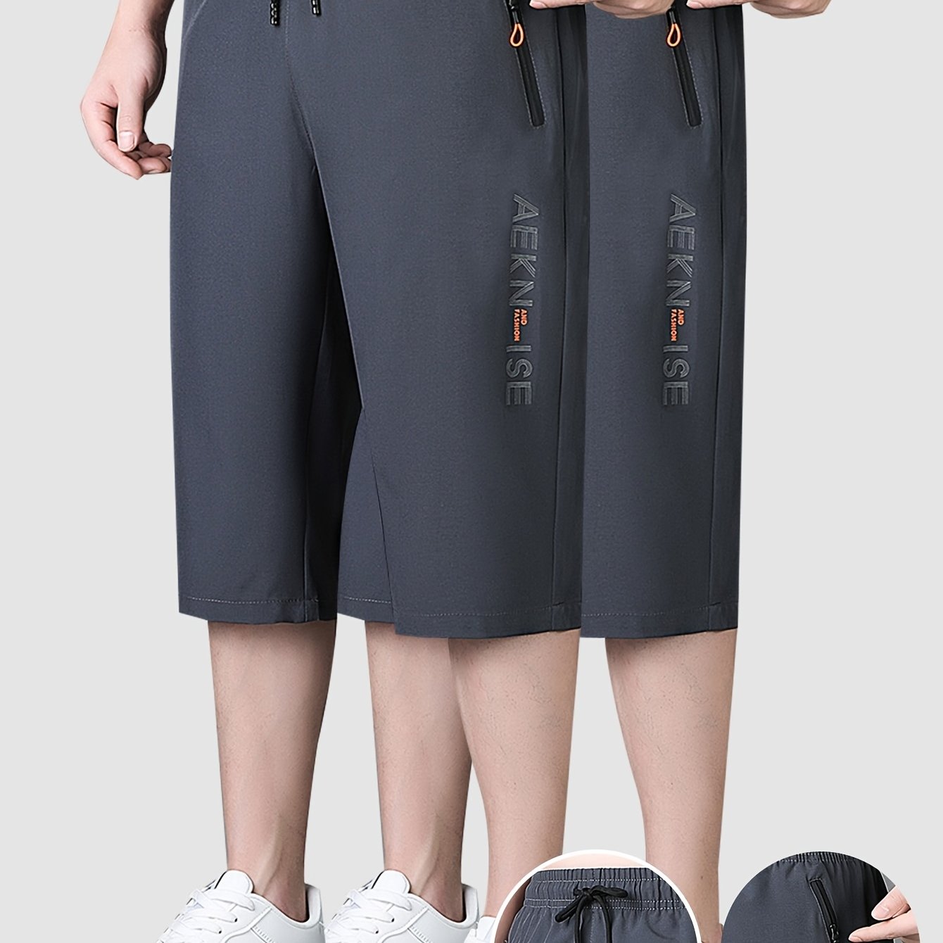 2pcs Men's Mid-Thigh Athletic Shorts with Drawstring & Zipper Pockets - Stylish Letter Print Design, Black & Navy Blue, Perfect for Gym, Casual Wear, Yoga, and Outdoor Activities, Modern Sports Apparel | Durable Sportswear