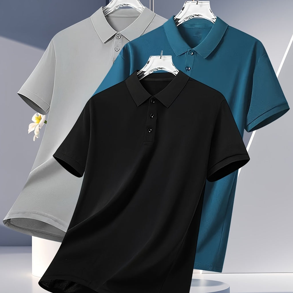 3pcs Men's Summer Shirts - Breathable Short Sleeve Casual & Business Casual Tops with Classic Collar, Loose Fit, Solid Color (Navy\u002FOlive\u002FBlack) - 2025 Trending Styles