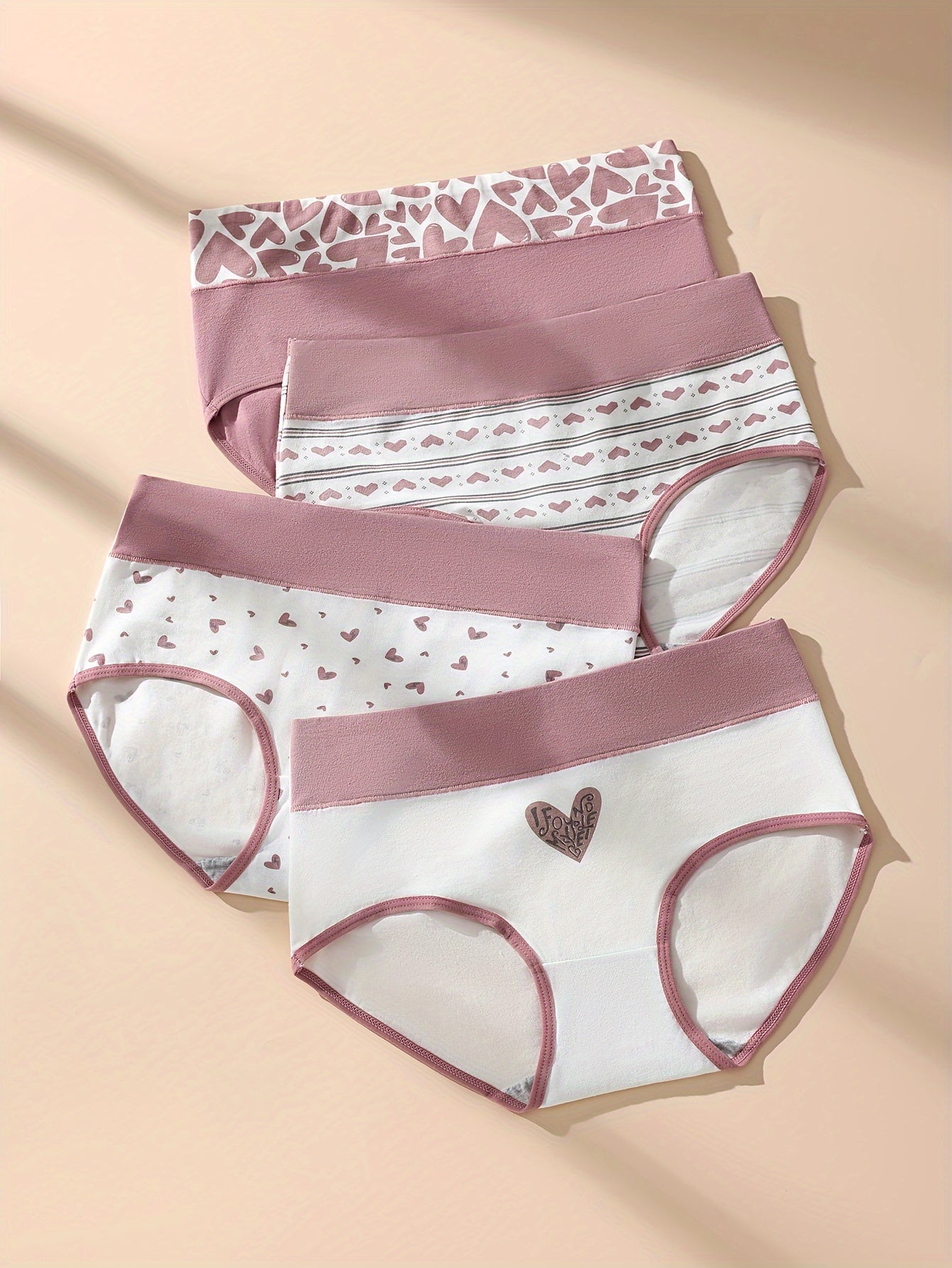 4pcs Women'S Briefs with Heart Print - High Waist, Soft & Breathable, Elastic Waistband, Comfortable Underwear for Autumn and Winter, Autumn Underwear | Heart Print Briefs | Comfortable Fit