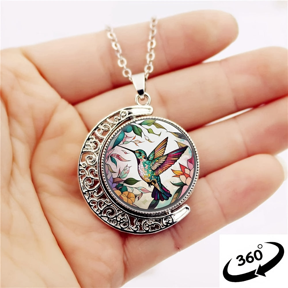 Elegant Fashion Colorful Hummingbird Crescent Half Moon 360° Rotation Round Crystal Pendant Necklace Creative Men Women Jewelry Gifts