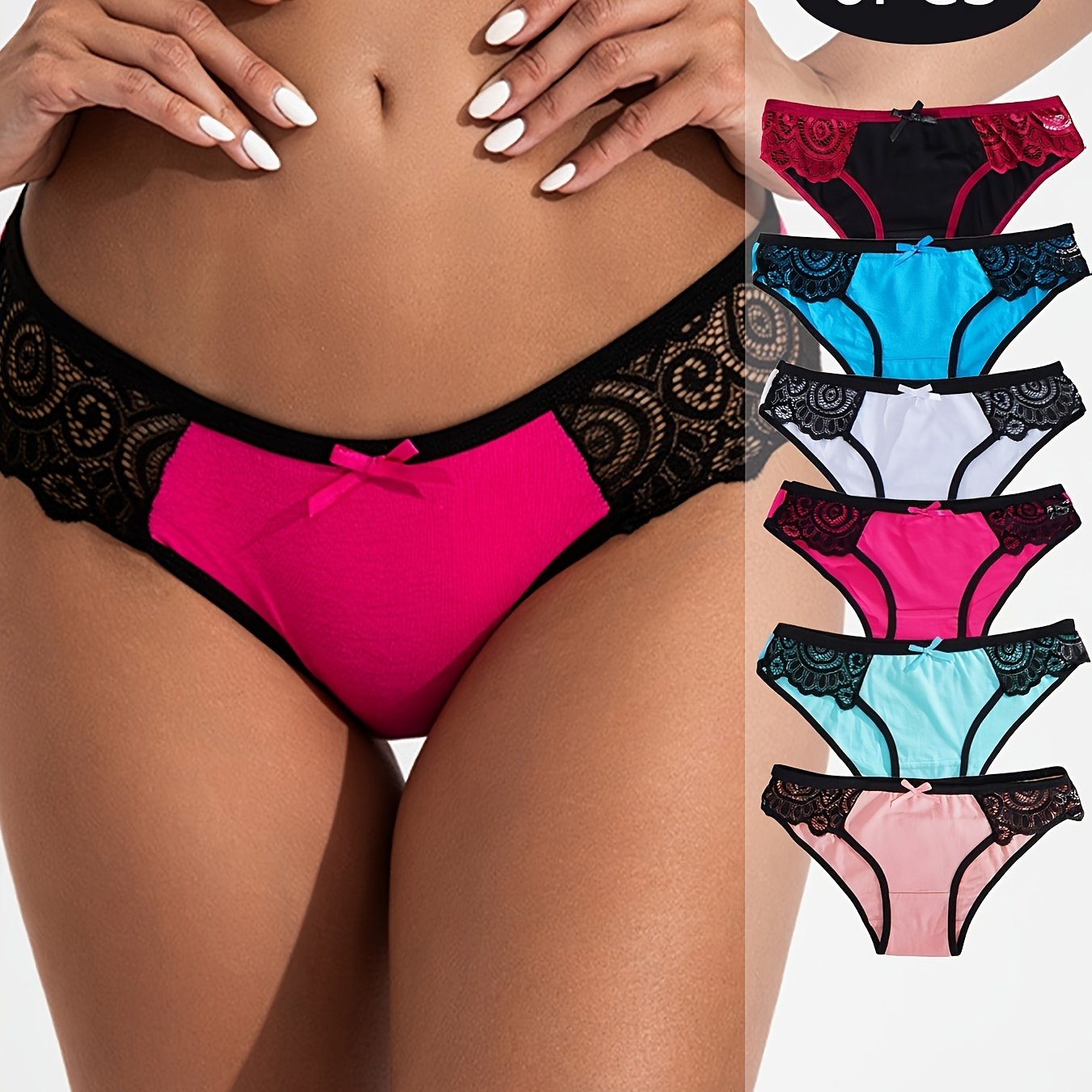 6pcs Women's Contrast Lace Underwear - Sexy Breathable Briefs with Bow Detail, Color Block Design & Floral\u002FGeometric Patterns, Soft Stretch Fabric for Everyday Comfort, Cute Underwear, Feminine Lingerie, Elegant Bow Detail, Intricate Lacework