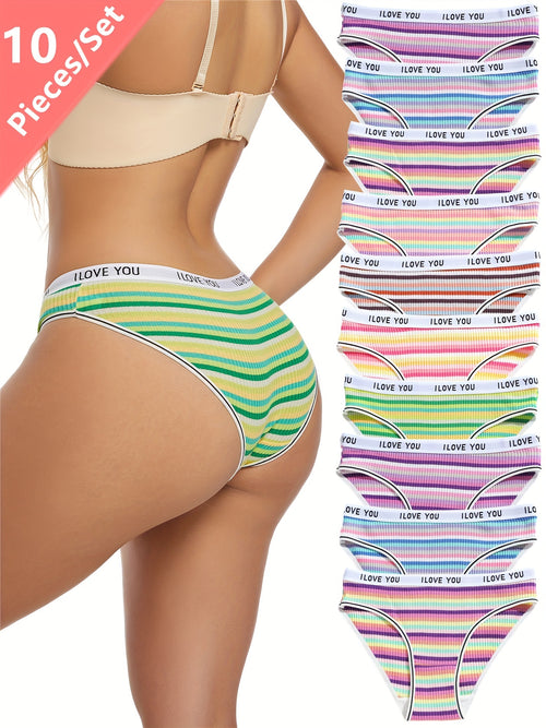 10pcs Women's Colorful Striped Low-Rise Briefs - Breathable Blend with Elastic Waistband, \