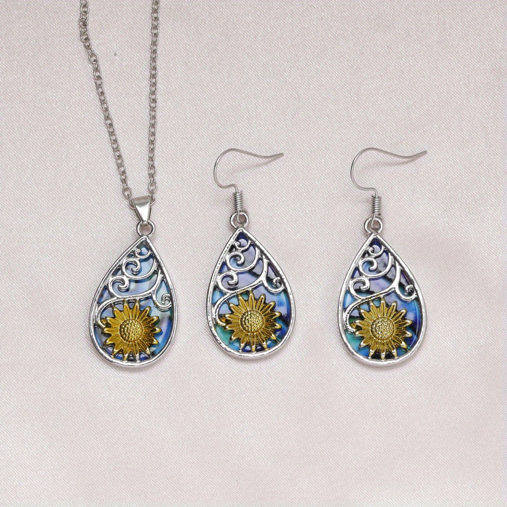 3pcs, Sunflower Water Drop Earrings Necklace Set, Trendy Party Jewelry, Christmas Gift, New Year's Gift, Valentine's Day Gift For Women Mom Girlfriend Family Friends