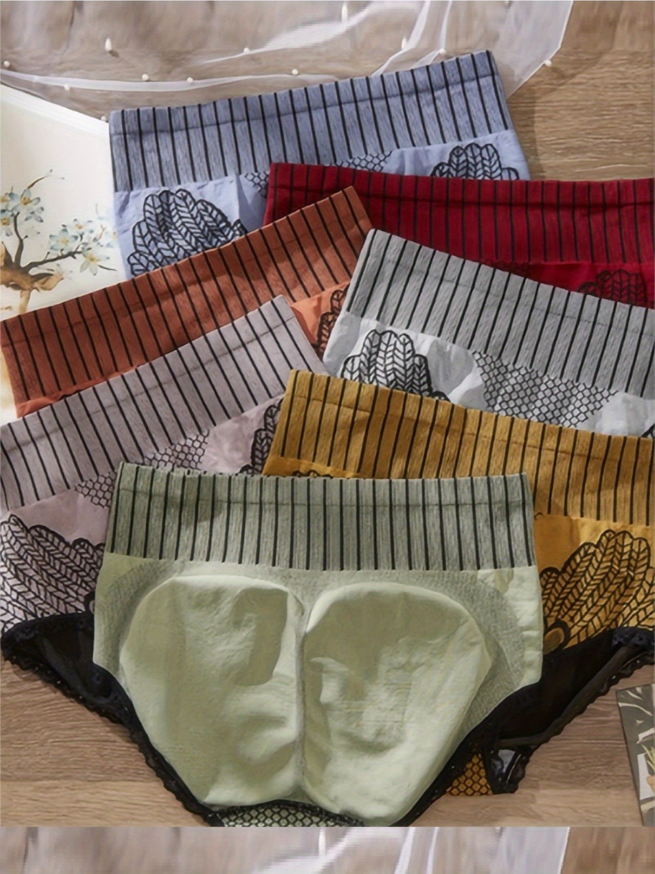 7pcs Color Block Stripes High Waist Briefs, Elegant Comfy Breathable Stretchy Intimates Panties, Women's Lingerie & Underwear