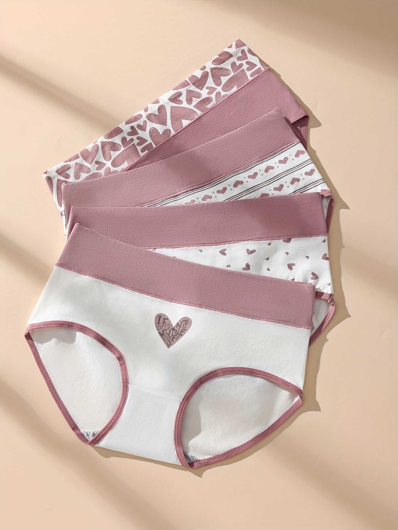 4pcs Women'S Briefs with Heart Print - High Waist, Soft & Breathable, Elastic Waistband, Comfortable Underwear for Autumn and Winter, Autumn Underwear | Heart Print Briefs | Comfortable Fit