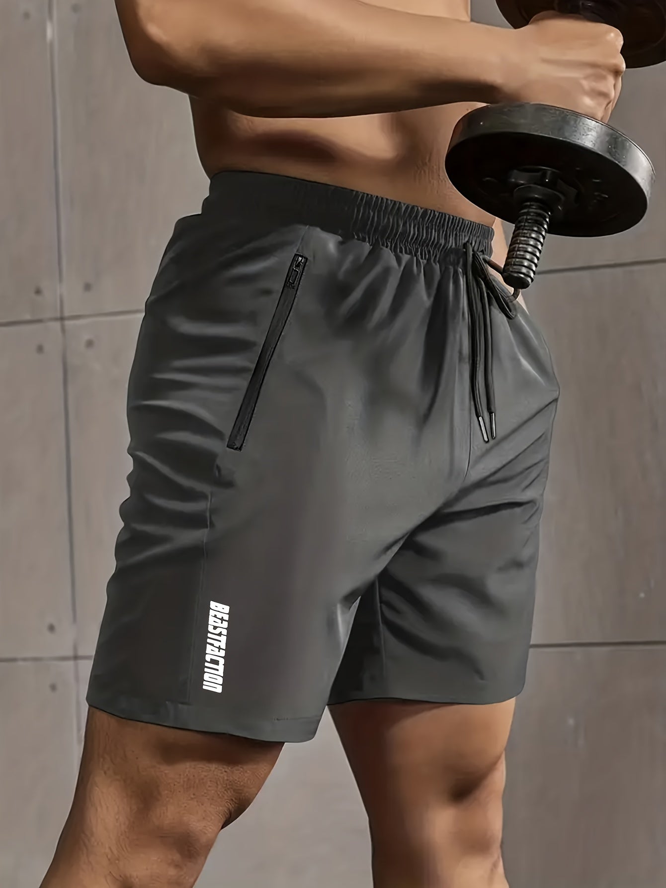 Men's Solid Shorts With Zipper Pockets, Active Elastic Waist Drawstring Shorts For Summer Outdoor Fitness