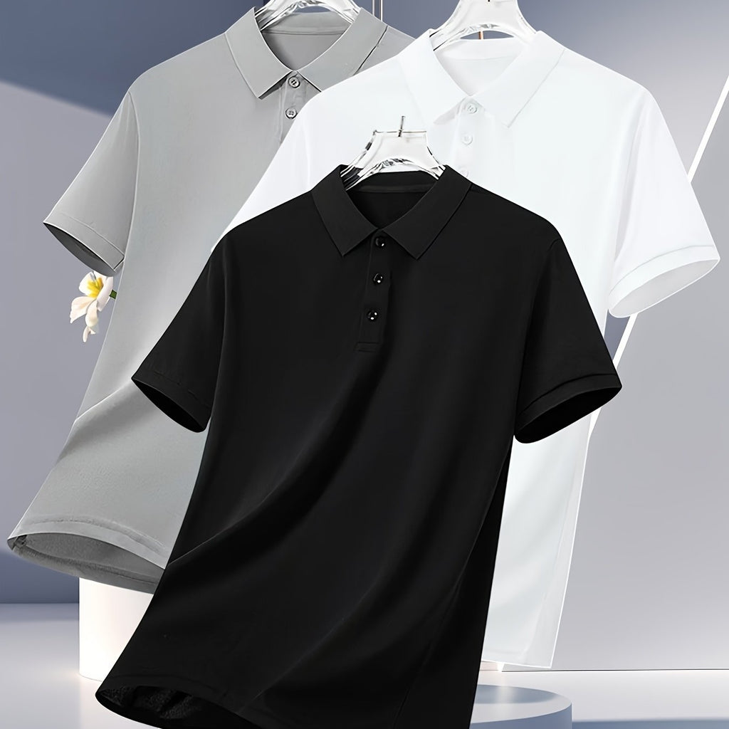 3pcs Men's Summer Shirts - Breathable Short Sleeve Casual & Business Casual Tops with Classic Collar, Loose Fit, Solid Color (Navy\u002FOlive\u002FBlack) - 2025 Trending Styles
