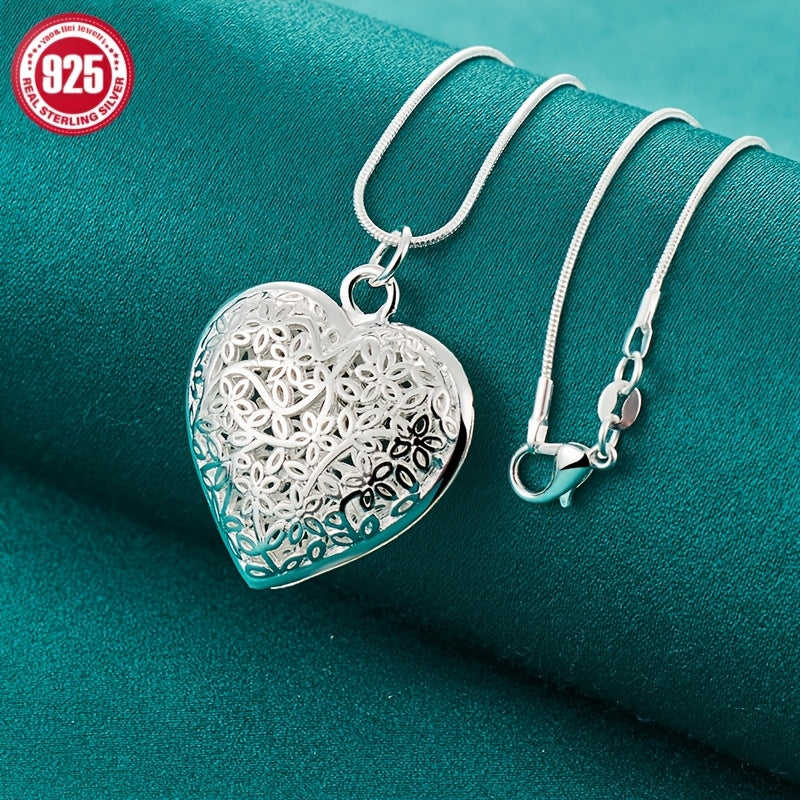1pc Elegant 925 Sterling Silver Hollow Heart-Shaped Pendant Snake Bone Necklace, DIY Charm for Women - Ideal for Birthday, Carnival, Ramadan, Easter, Valentine's, Mother'S Day Gift