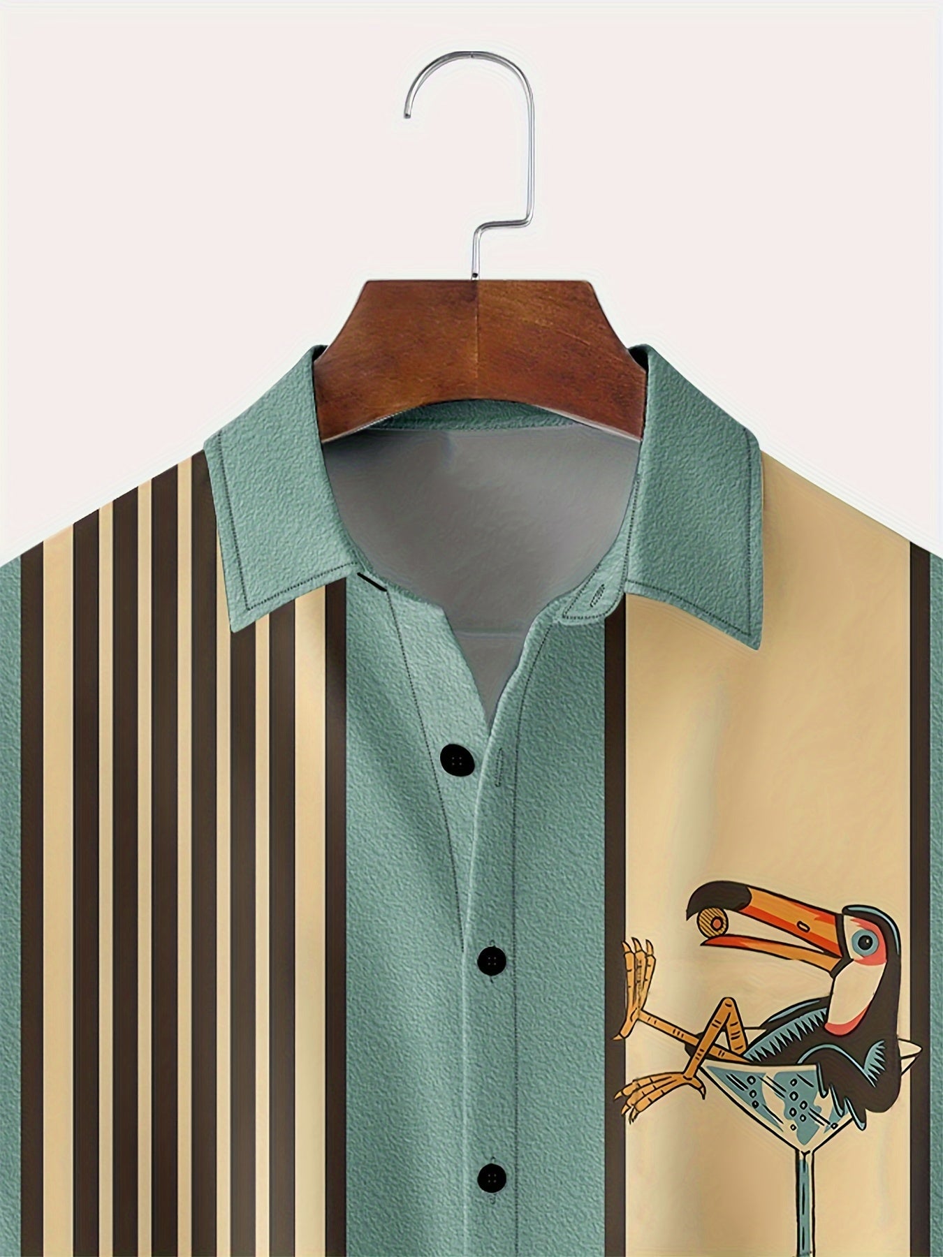 Men'S Casual Short Sleeve Shirt with Cocktail Glass Bird Print, Striped and Beige Design, Button-Up Collared Summer Top for Casual Attire, Leisure Clothing|Trendy Casual Style|Stylish Casualwear