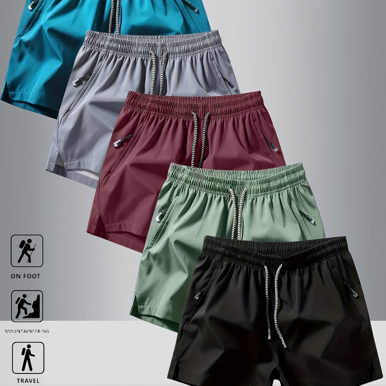 5pcs Men'S Summer Sports Shorts - Breathable, Lightweight, Moisture-Wicking Drawstring Waist, Solid Colors (Green, Red, Purple, Blue, Tan) for Casual, Outdoor, and Athletic Activitie