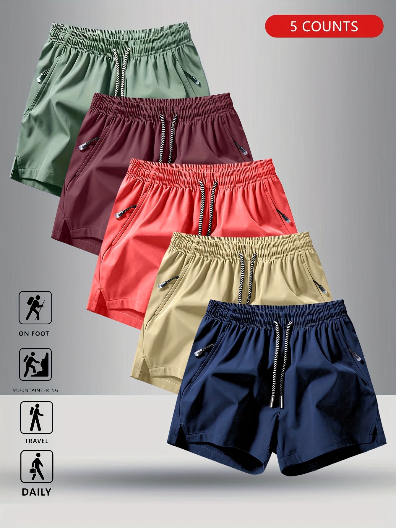 5pcs Men'S Summer Sports Shorts - Breathable, Lightweight, Moisture-Wicking Drawstring Waist, Solid Colors (Green, Red, Purple, Blue, Tan) for Casual, Outdoor, and Athletic Activitie