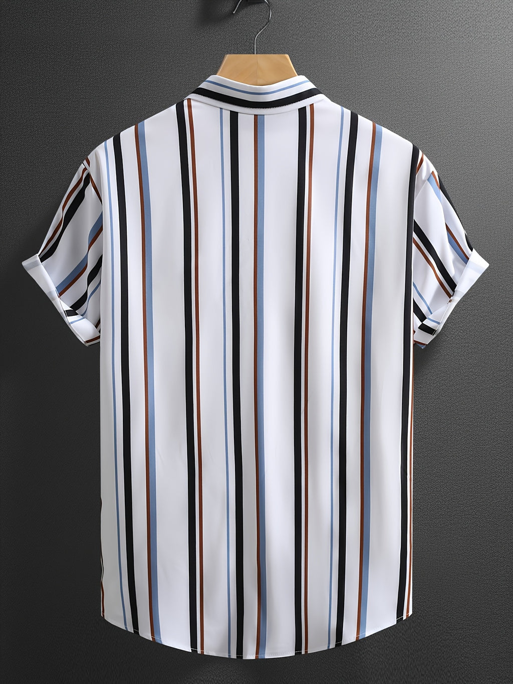Men'S Casual Summer Short Sleeve Button-Up Shirt - White with Blue, Black, and Orange Vertical Stripes, Non-Stretch Fabric, Perfect for Weekend Outings, Casual Attire|Striped Shirt|Nonstretch Fabric