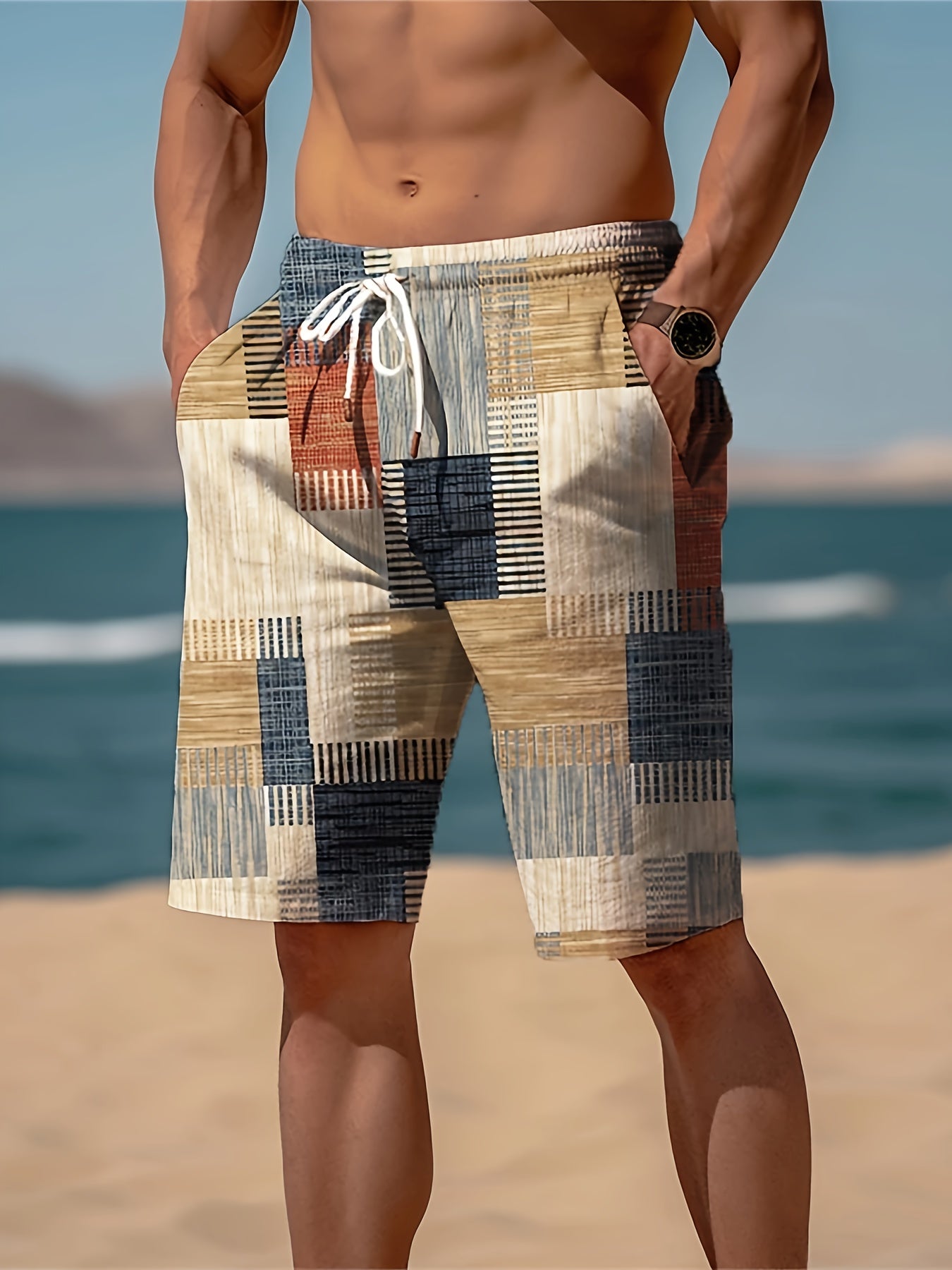 Men'S Geometric-Patterned Casual Beach Shorts, 100% Polyester, Slight Stretch, Drawstring, Regular Fit, Woven Fabric, 120g\u002Fm² - European and American Style Summer Fashion