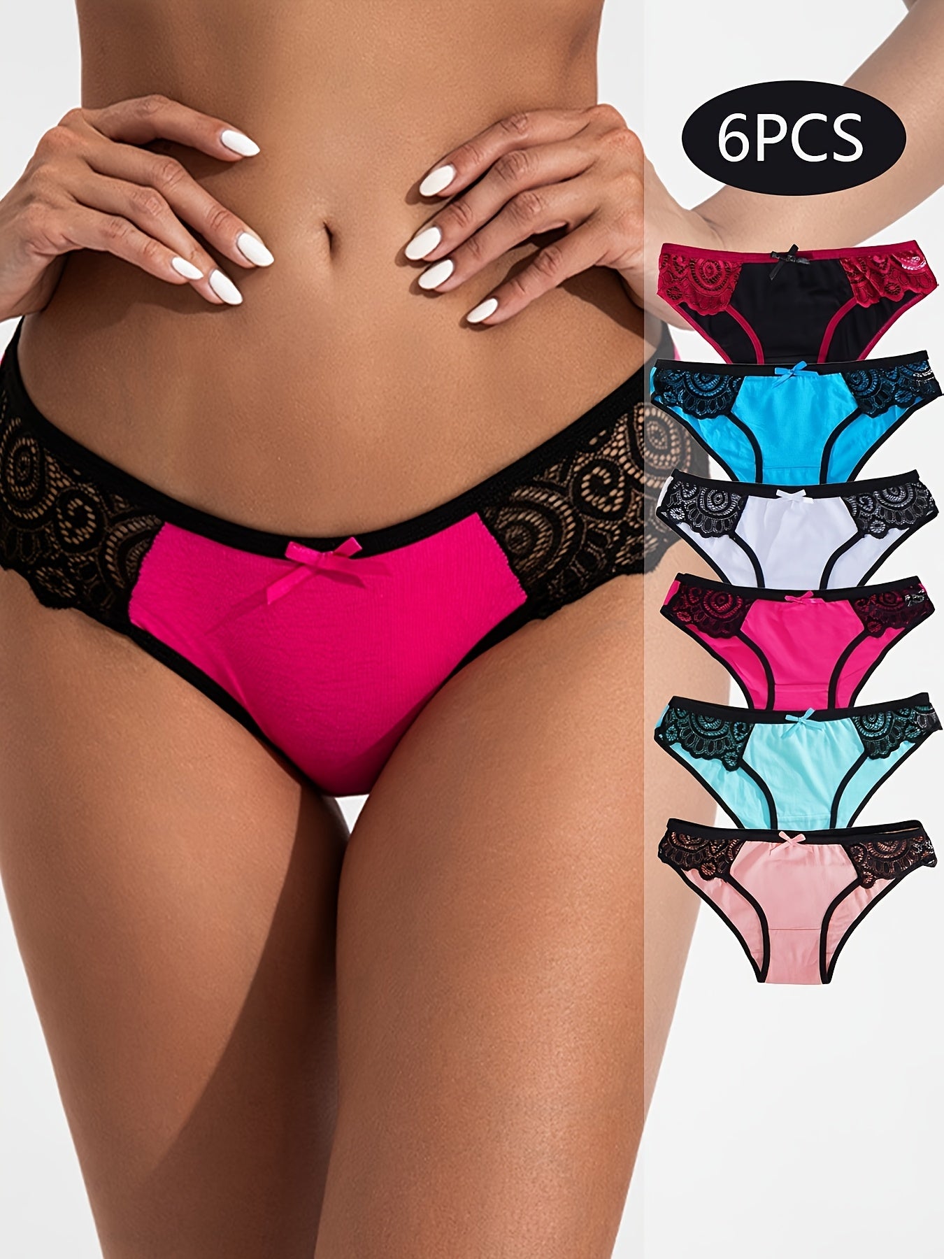6pcs Women's Contrast Lace Underwear - Sexy Breathable Briefs with Bow Detail, Color Block Design & Floral\u002FGeometric Patterns, Soft Stretch Fabric for Everyday Comfort, Cute Underwear, Feminine Lingerie, Elegant Bow Detail, Intricate Lacework