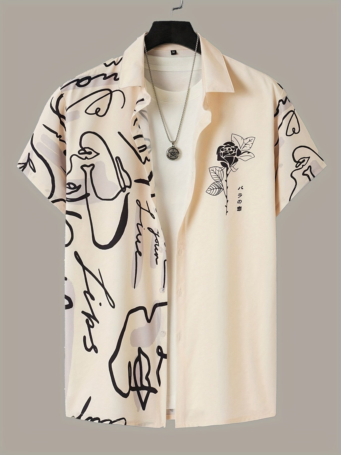 Men's Casual Short Sleeve Button-Up Shirt with Artistic Rose & Calligraphy Print - White with Beige Contrast, Breathable Summer Shirt, Machine Washable Regular Fit for Outdoor & Casual Wear, Nontransparent Fabric