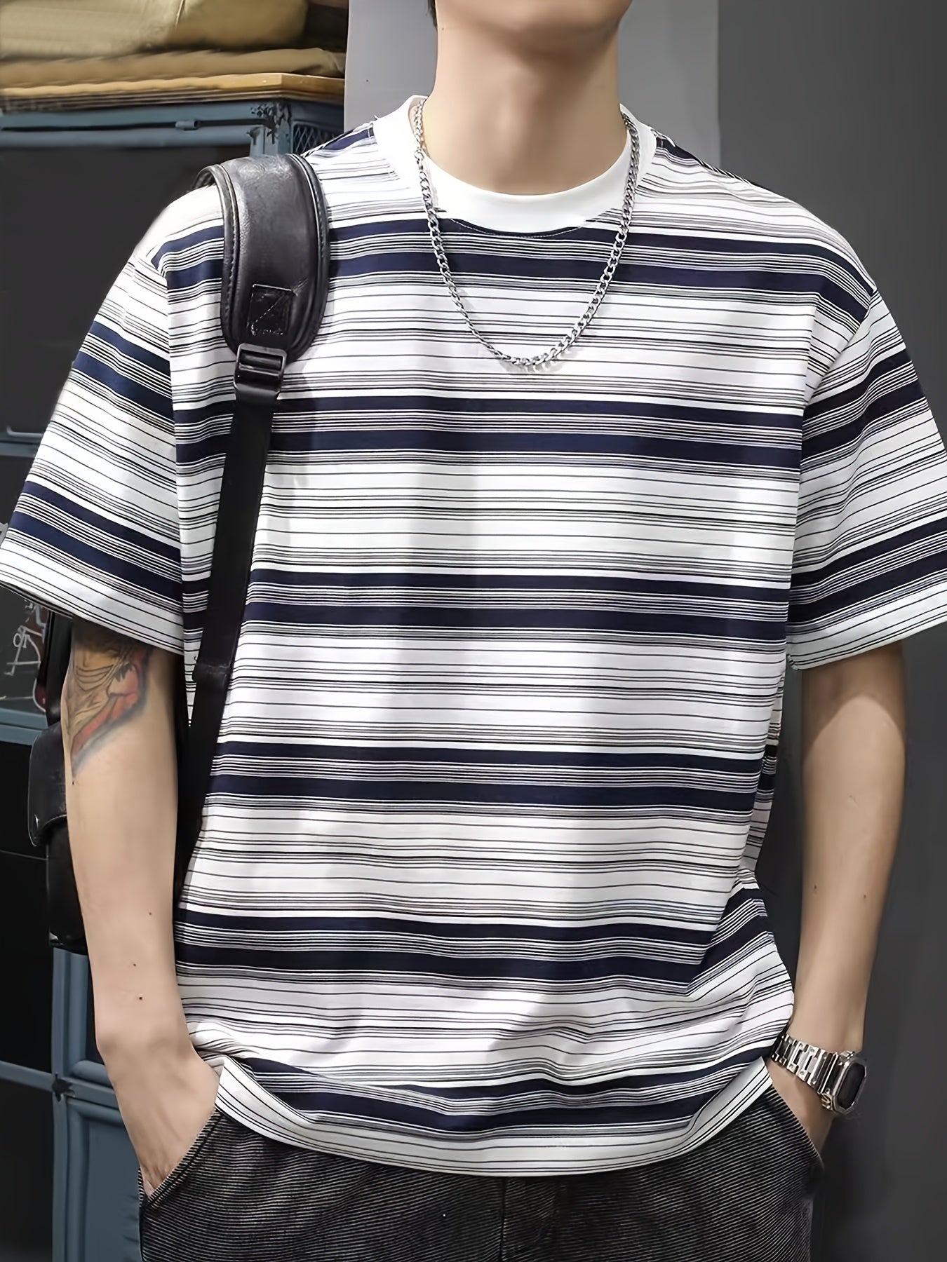 Men'S Summer Casual Striped T-Shirt, Crew Neck, Loose Fit, Polyester 95% Spandex 5%, Medium Stretch Knit Fabric, 180gsm - Fashionable Tee for Men