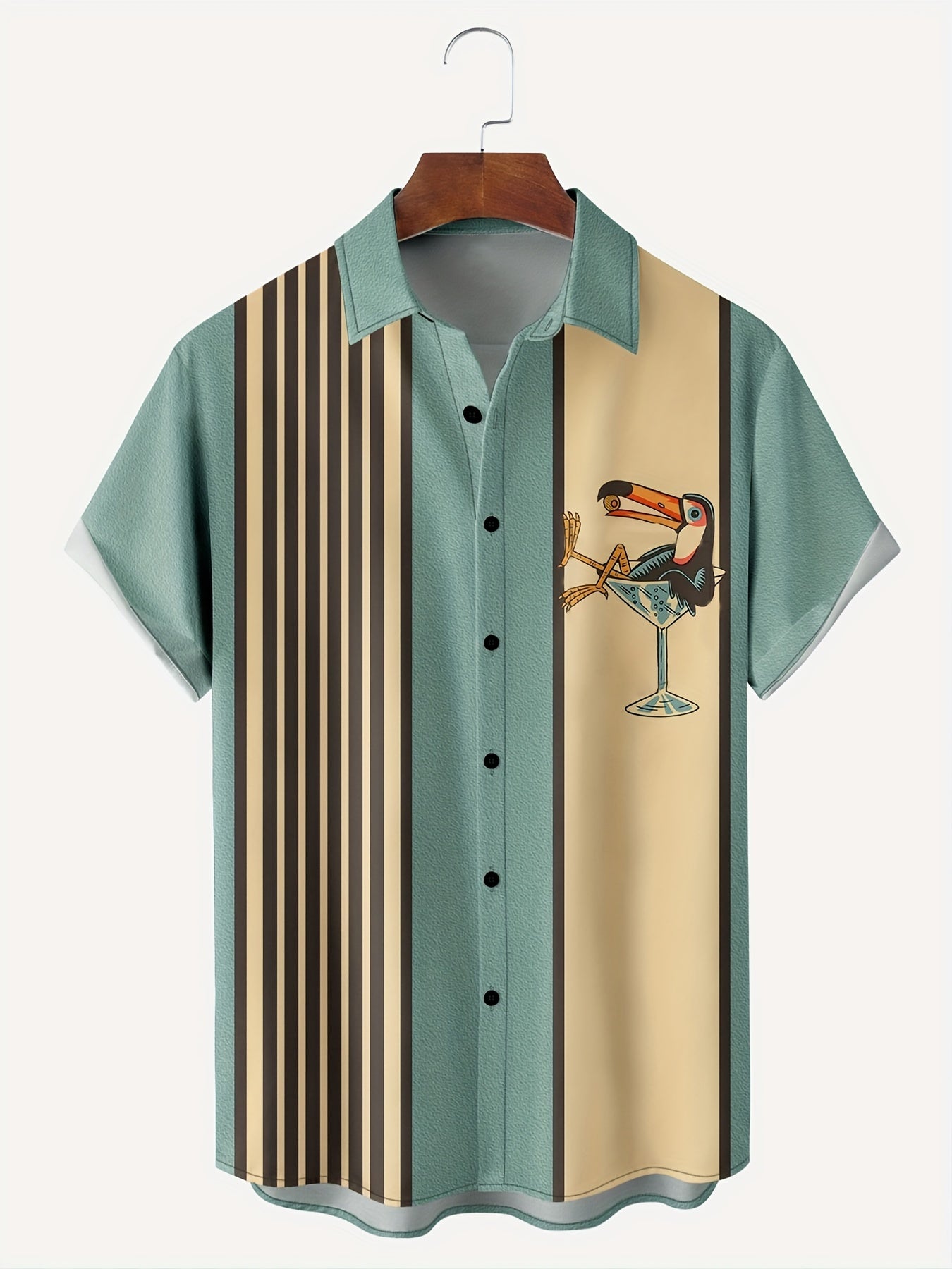 Men'S Casual Short Sleeve Shirt with Cocktail Glass Bird Print, Striped and Beige Design, Button-Up Collared Summer Top for Casual Attire, Leisure Clothing|Trendy Casual Style|Stylish Casualwear