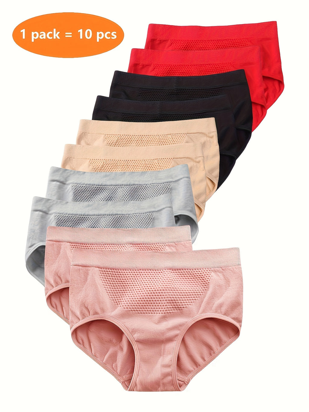 10pcs A Pack of 10 Women's Fashion Seamless Mid-Waist Solid Color Large Size Breathable and Comfortable Hip-Hugging Panties Recommended Size S-XXL