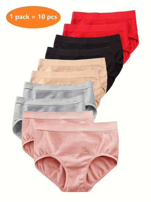 10pcs A Pack of 10 Women's Fashion Seamless Mid-Waist Solid Color Large Size Breathable and Comfortable Hip-Hugging Panties Recommended Size S-XXL