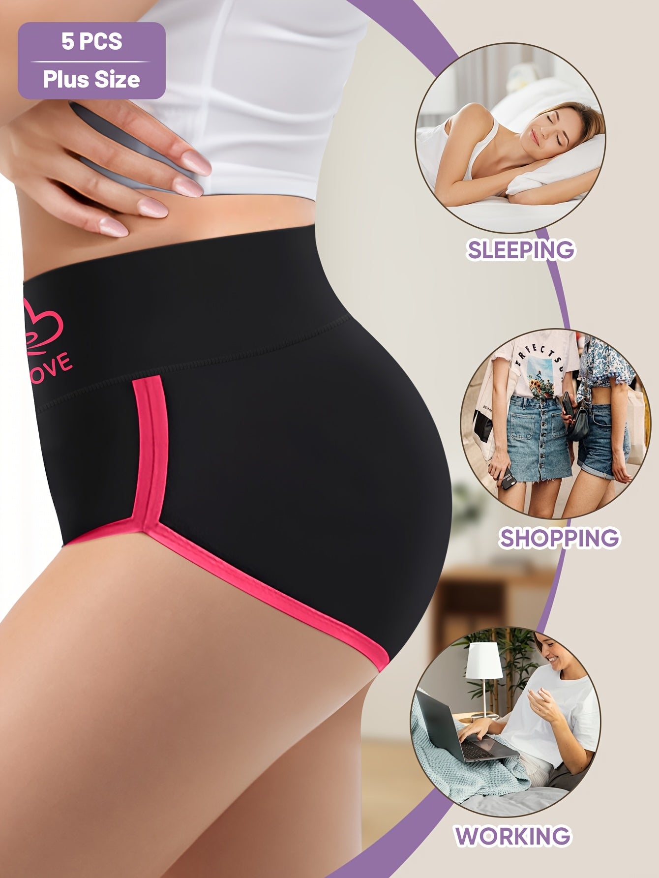 5-Pack Large Size Women'S Underwear, Mid-Rise Panties, Color-Blocking, Tummy Control