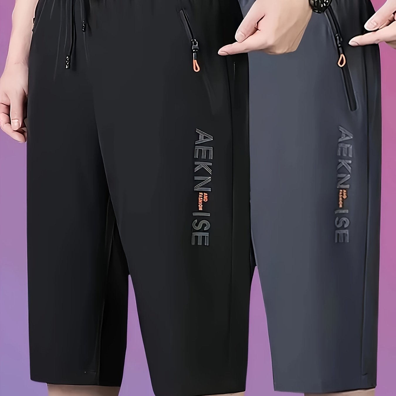 2pcs Men's Mid-Thigh Athletic Shorts with Drawstring & Zipper Pockets - Stylish Letter Print Design, Black & Navy Blue, Perfect for Gym, Casual Wear, Yoga, and Outdoor Activities, Modern Sports Apparel | Durable Sportswear