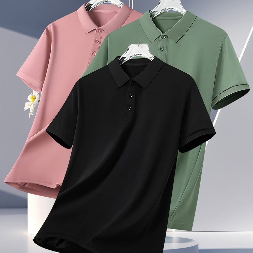 3pcs Men's Summer Shirts - Breathable Short Sleeve Casual & Business Casual Tops with Classic Collar, Loose Fit, Solid Color (Navy\u002FOlive\u002FBlack) - 2025 Trending Styles