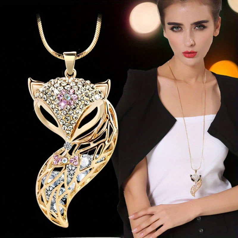 Chic Fox Head Pendant Necklace - South Korea Fashion, Alloy with Rhinestones, Versatile Long Sweater Chain for Women
