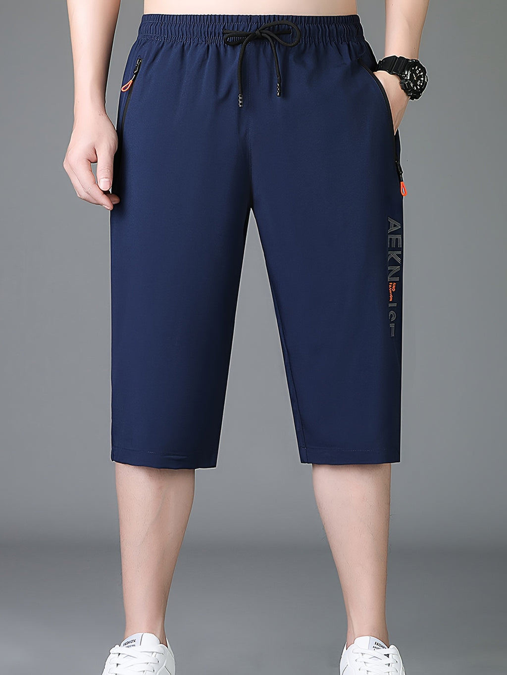 2pcs Men's Mid-Thigh Athletic Shorts with Drawstring & Zipper Pockets - Stylish Letter Print Design, Black & Navy Blue, Perfect for Gym, Casual Wear, Yoga, and Outdoor Activities, Modern Sports Apparel | Durable Sportswear