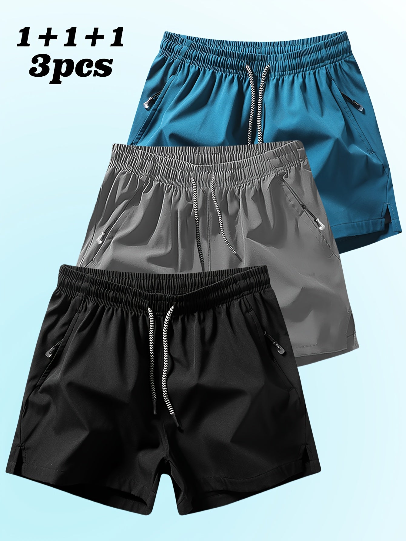 3pcs Men's Casual Athletic Shorts - Breathable, Comfortable, Zippered Pockets, Elastic Waistband, Solid Colors (Blue, Gray, Black) for Fitness, Running & Casual Attire, Running Shorts | Minimalist Shorts | Smooth Texture