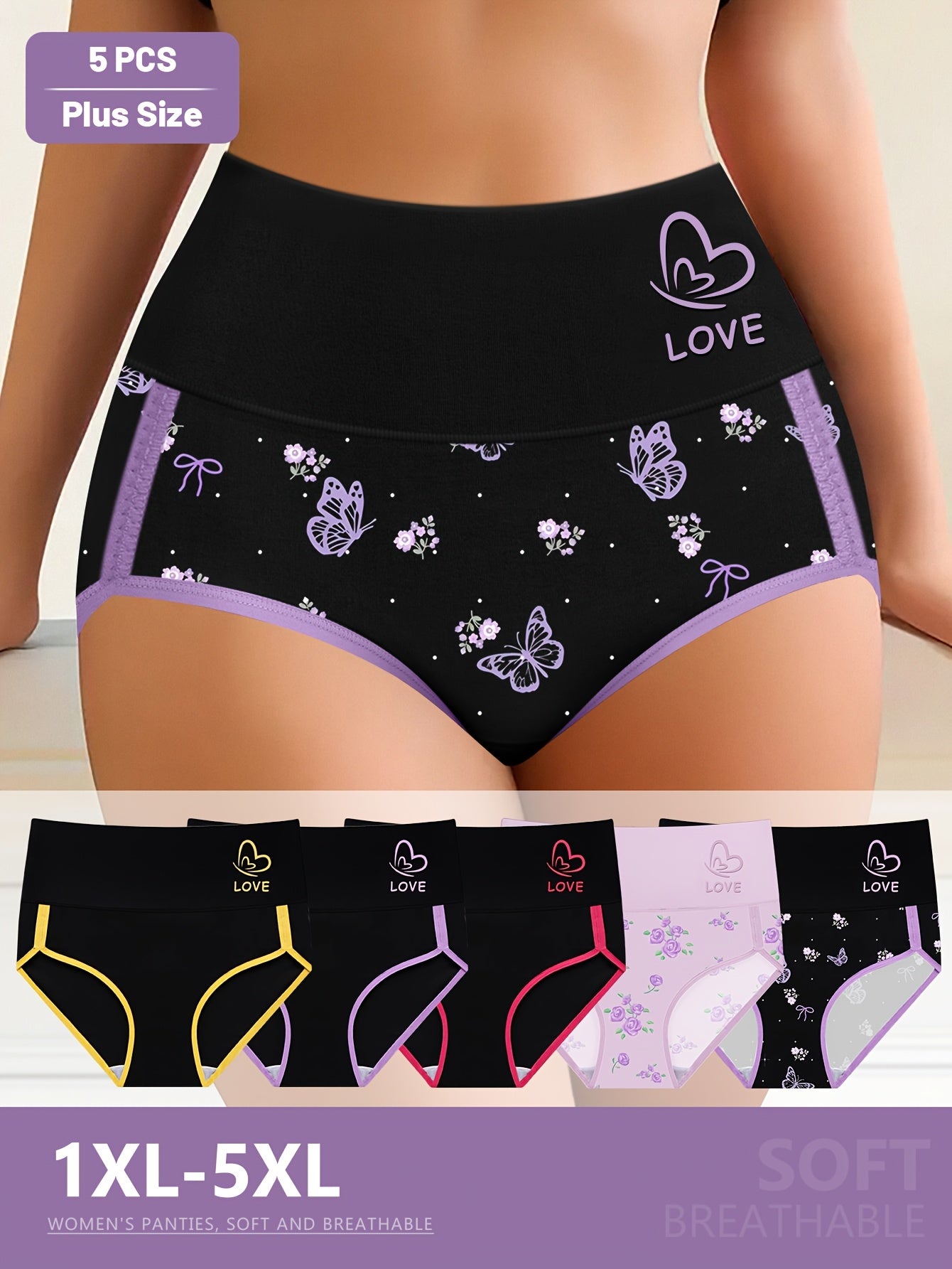 5-Pack Large Size Women'S Underwear, Mid-Rise Panties, Color-Blocking, Tummy Control