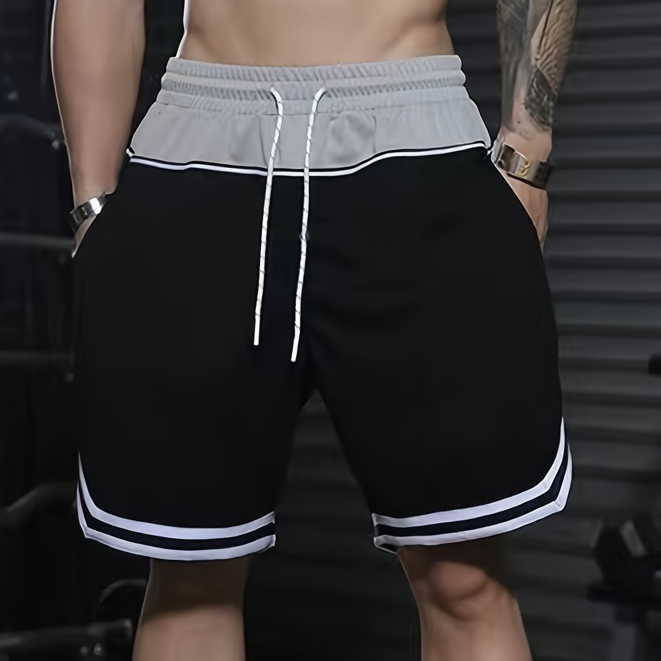 Men's Color Block Striped Shorts With Pockets, Active Elastic Waist Drawstring Shorts For Summer Fitness