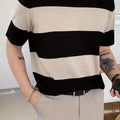Men'S Premium Striped Color-Blocked Lightweight Knitted Short-Sleeve Shirt 490