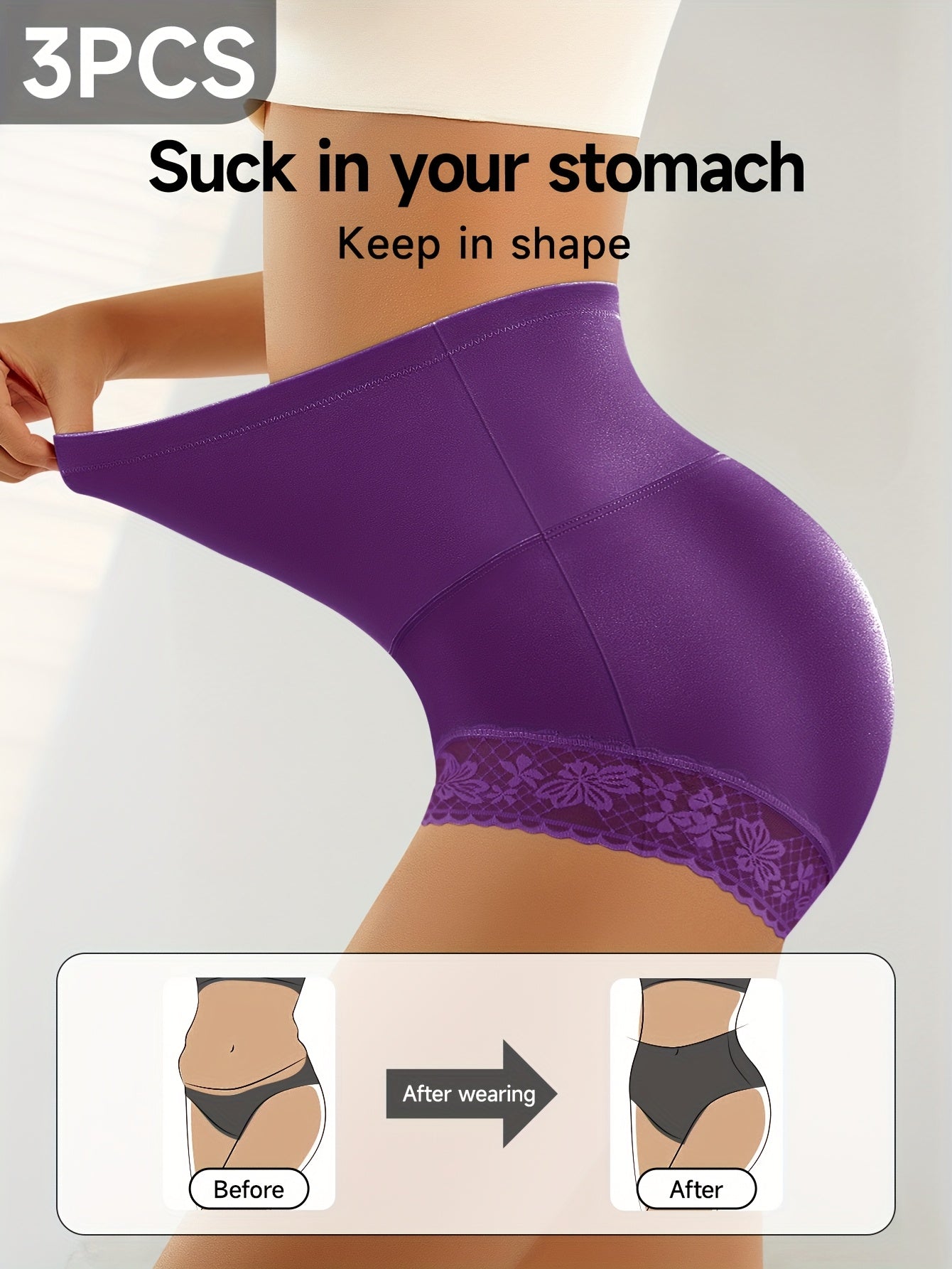 3pcs Women's High-Waist Tummy Control Light Beige Lace Underwear Set