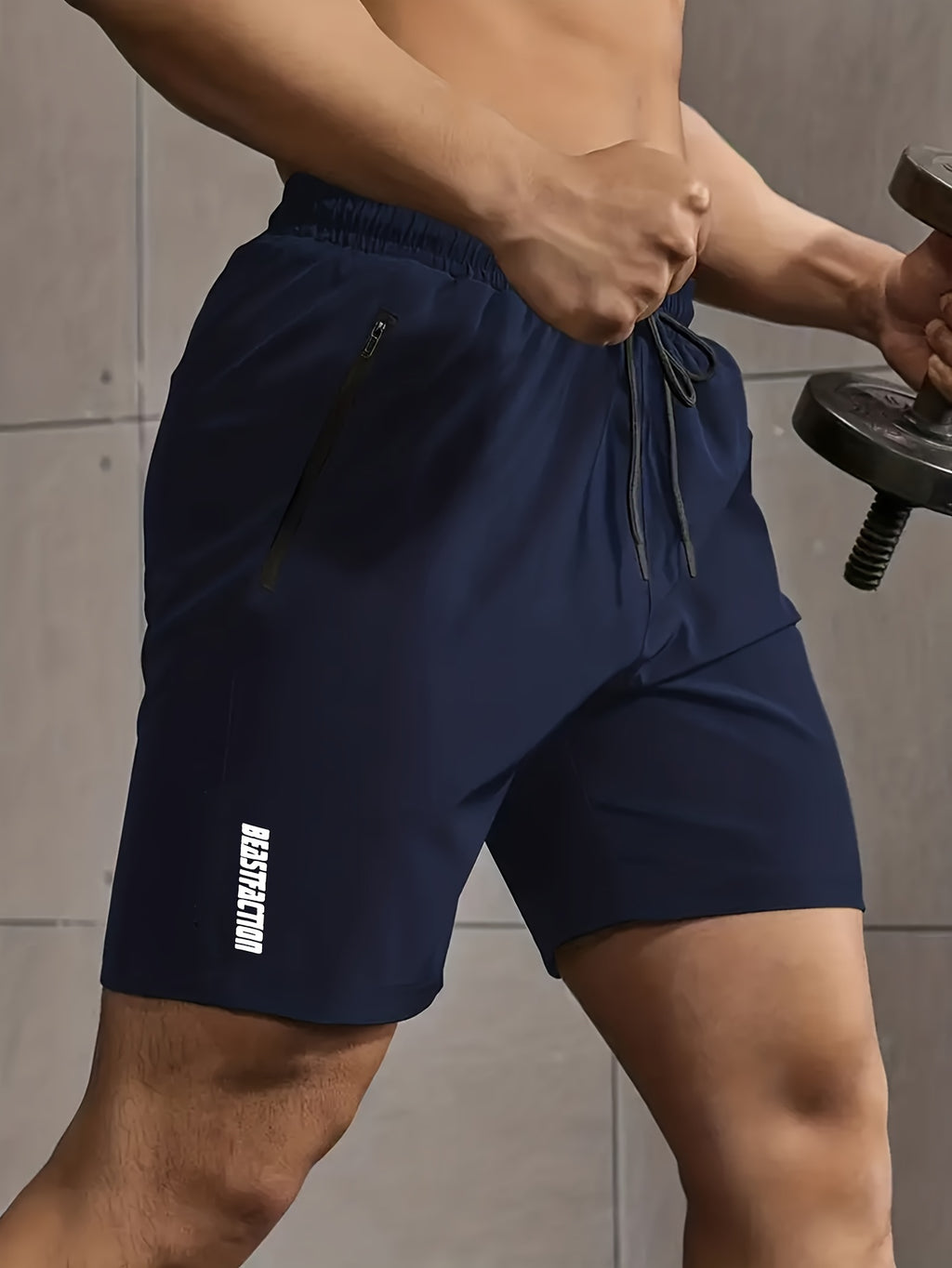 Men's Solid Shorts With Zipper Pockets, Active Elastic Waist Drawstring Shorts For Summer Outdoor Fitness