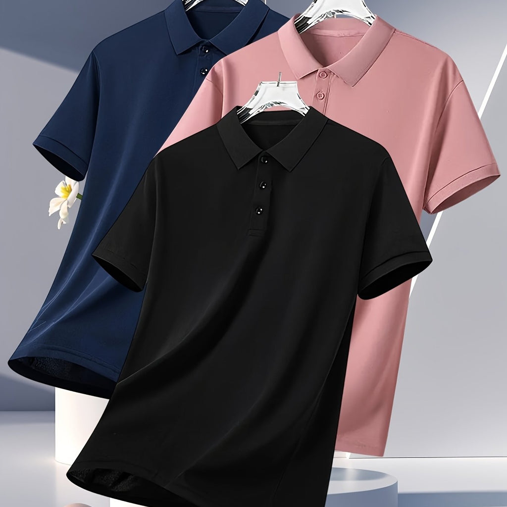 3pcs Men's Summer Shirts - Breathable Short Sleeve Casual & Business Casual Tops with Classic Collar, Loose Fit, Solid Color (Navy\u002FOlive\u002FBlack) - 2025 Trending Styles