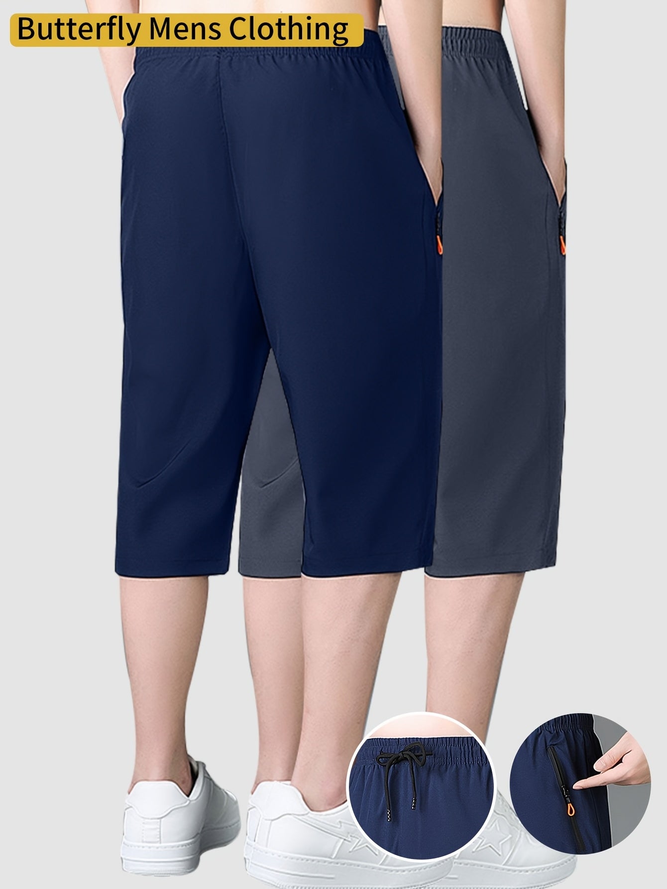 2pcs Men's Mid-Thigh Athletic Shorts with Drawstring & Zipper Pockets - Stylish Letter Print Design, Black & Navy Blue, Perfect for Gym, Casual Wear, Yoga, and Outdoor Activities, Modern Sports Apparel | Durable Sportswear