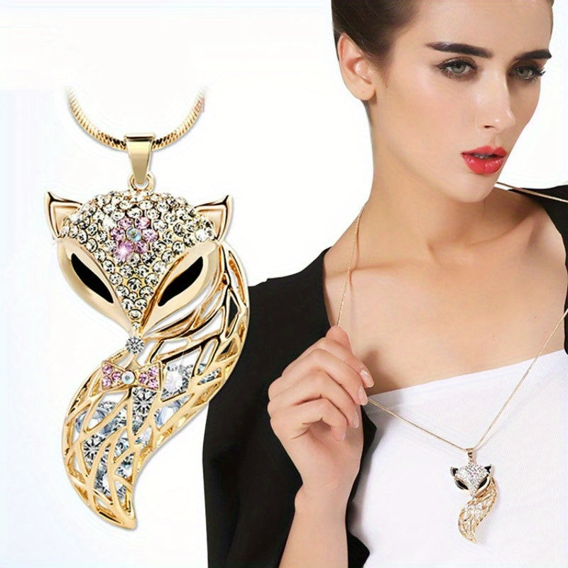 Chic Fox Head Pendant Necklace - South Korea Fashion, Alloy with Rhinestones, Versatile Long Sweater Chain for Women