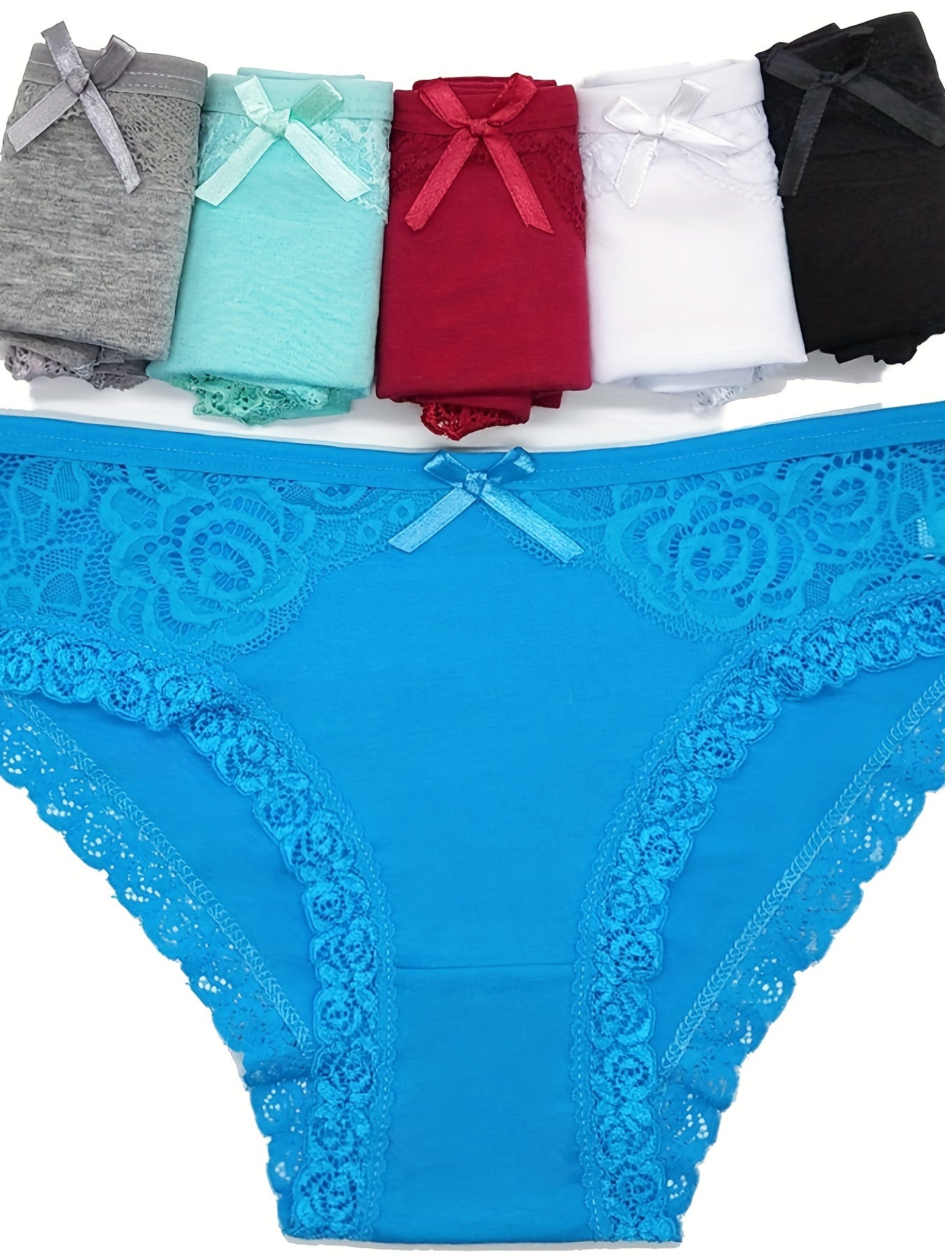 6pcs Women's Lace Panties - Sexy Low-Rise, Breathable, Comfort Fit with Elegant Contrast Lace Detailing in Assorted Colors (Teal, Red, White, Black, Gray, Blue), Cute Panties