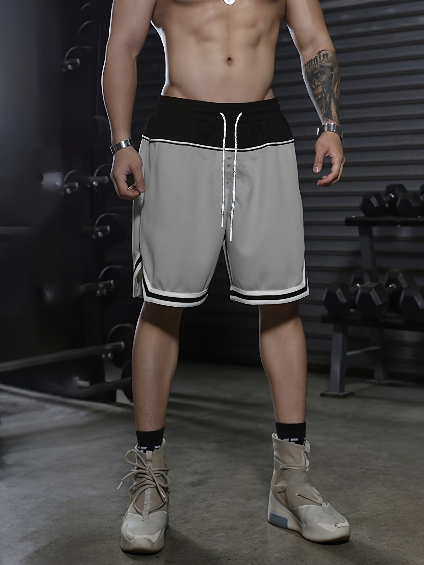 Men's Color Block Striped Shorts With Pockets, Active Elastic Waist Drawstring Shorts For Summer Fitness