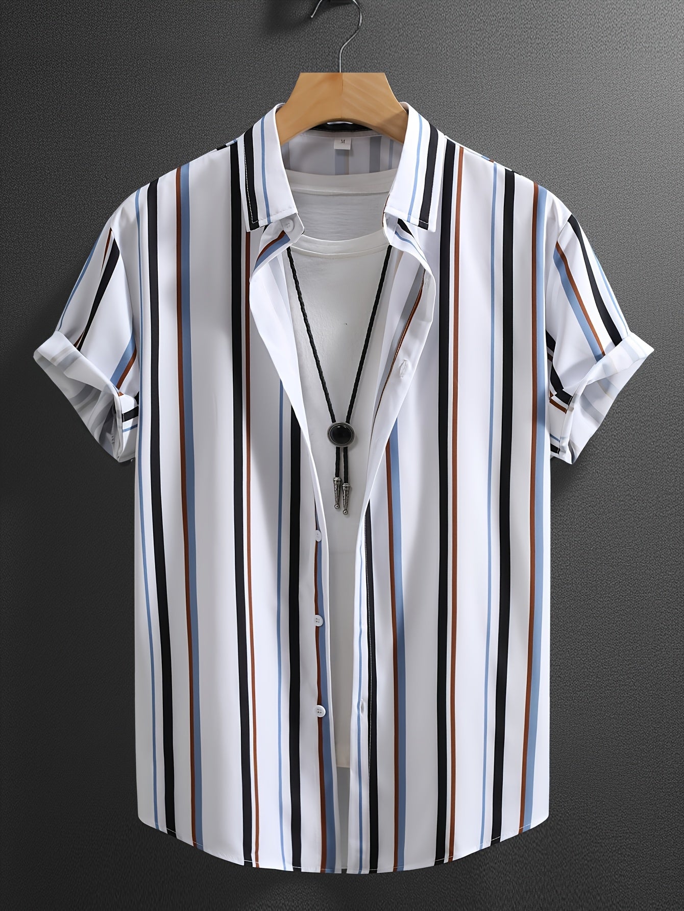 Men'S Casual Summer Short Sleeve Button-Up Shirt - White with Blue, Black, and Orange Vertical Stripes, Non-Stretch Fabric, Perfect for Weekend Outings, Casual Attire|Striped Shirt|Nonstretch Fabric