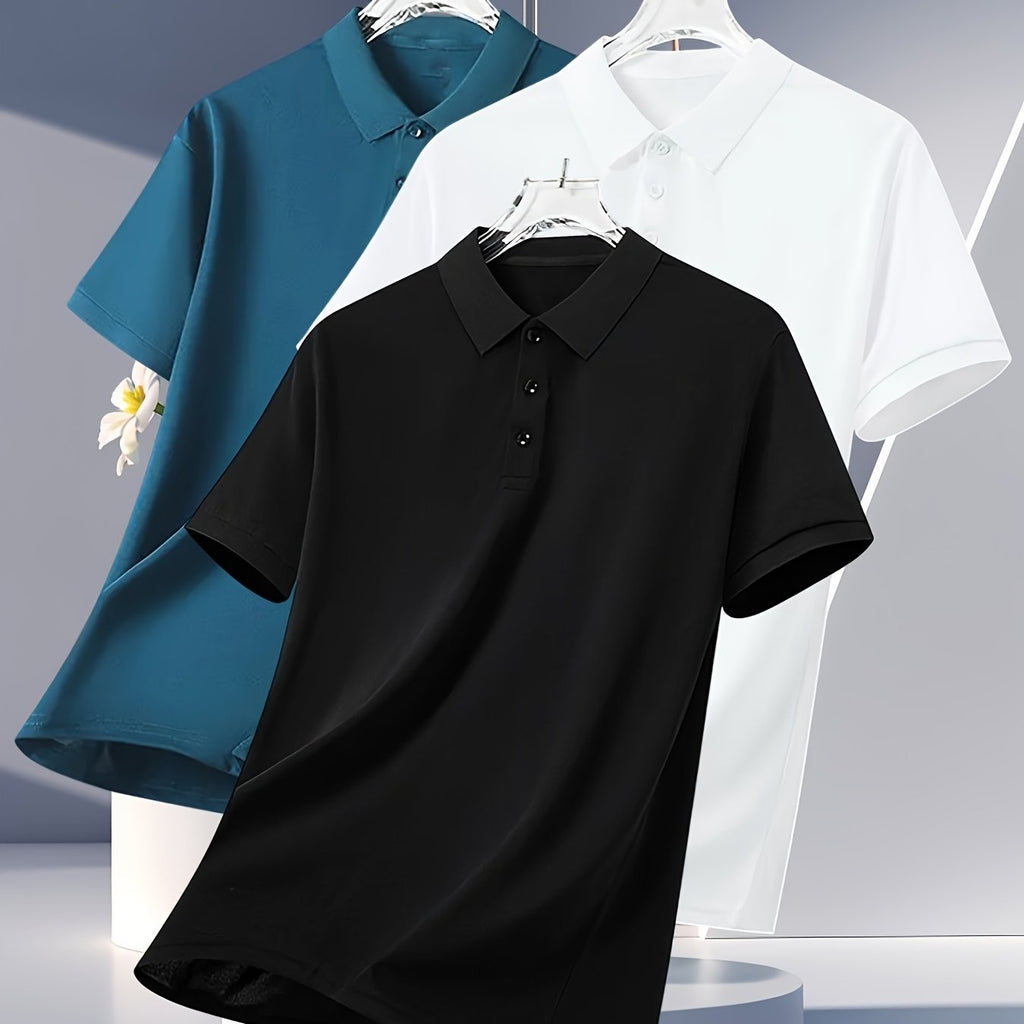 3pcs Men's Summer Shirts - Breathable Short Sleeve Casual & Business Casual Tops with Classic Collar, Loose Fit, Solid Color (Navy\u002FOlive\u002FBlack) - 2025 Trending Styles