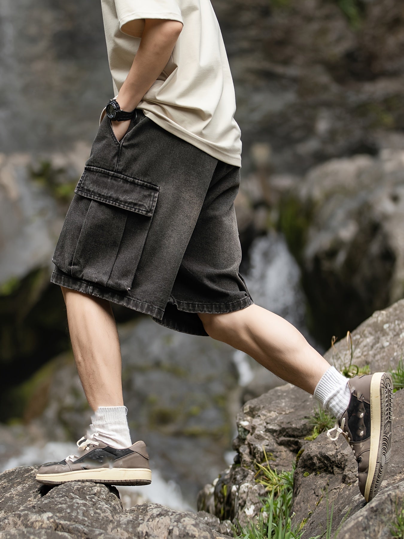 Men's Casual Denim Shorts with Side Pockets - Loose Fit, Drawstring Waist, Cotton Blend, Summer Streetwear