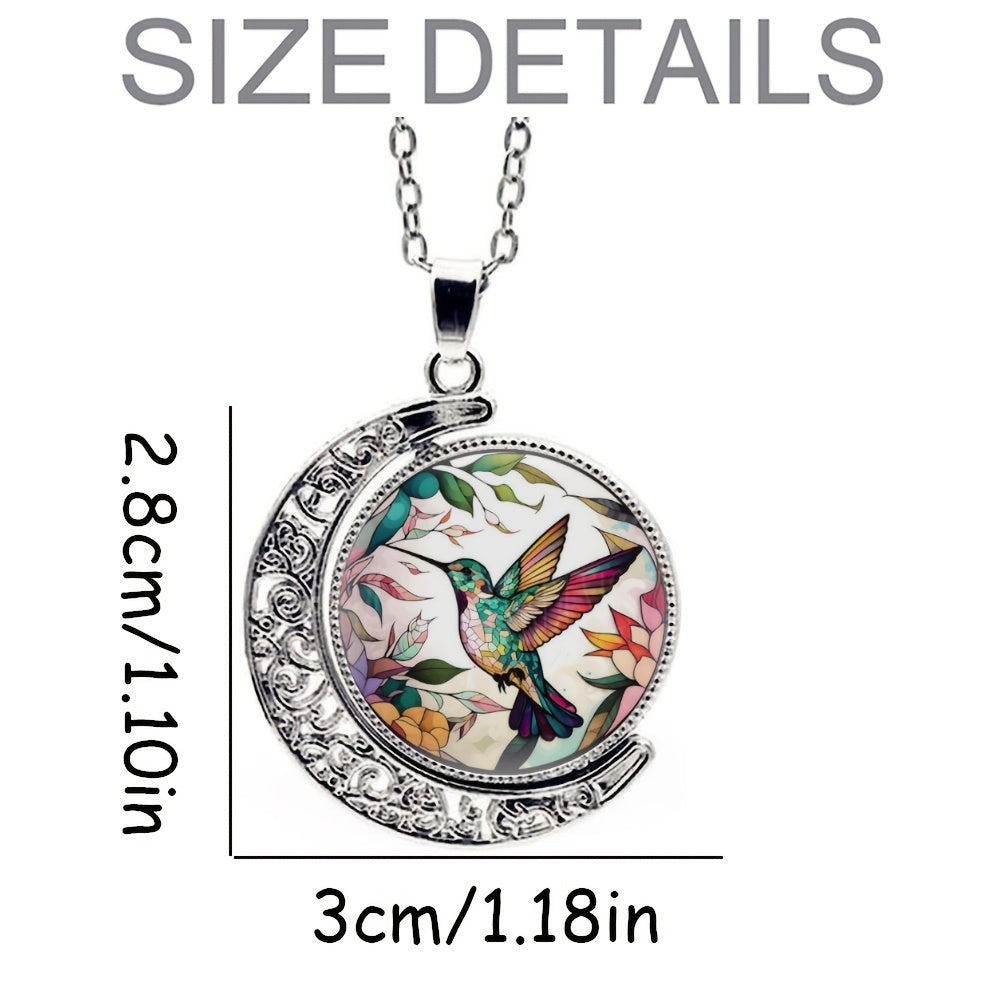 Elegant Fashion Colorful Hummingbird Crescent Half Moon 360° Rotation Round Crystal Pendant Necklace Creative Men Women Jewelry Gifts