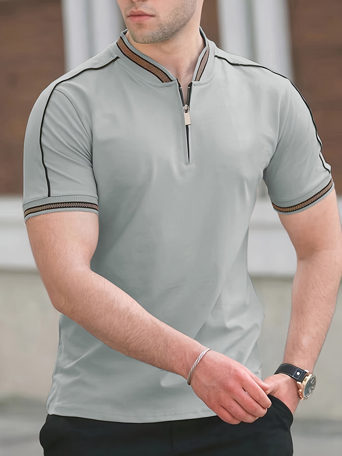 Men's Casual Short Sleeve Shirt - Breathable Moisture-Wicking Fabric, Stand Collar with Contrast Inlaid Lines & Half-Zipper Front, Sporty Solid Color Design for Summer Outdoor Sports & Casual Wear, Active Lifestyle Apparel, Comfortable Fit