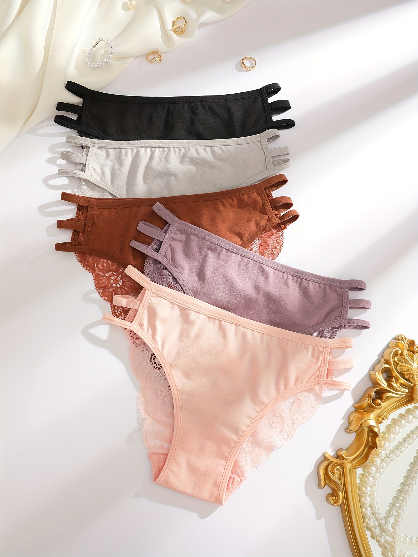 5pcs Women'S Solid Color Lace Trim Fashion Hollow Triangle Briefs, Polyester, Sexy, Knit Fabric, 180g\u002Fm², with Contrast Lace for Women