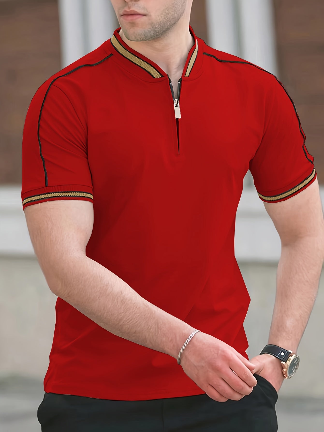 Men's Casual Short Sleeve Shirt - Breathable Moisture-Wicking Fabric, Stand Collar with Contrast Inlaid Lines & Half-Zipper Front, Sporty Solid Color Design for Summer Outdoor Sports & Casual Wear, Active Lifestyle Apparel, Comfortable Fit