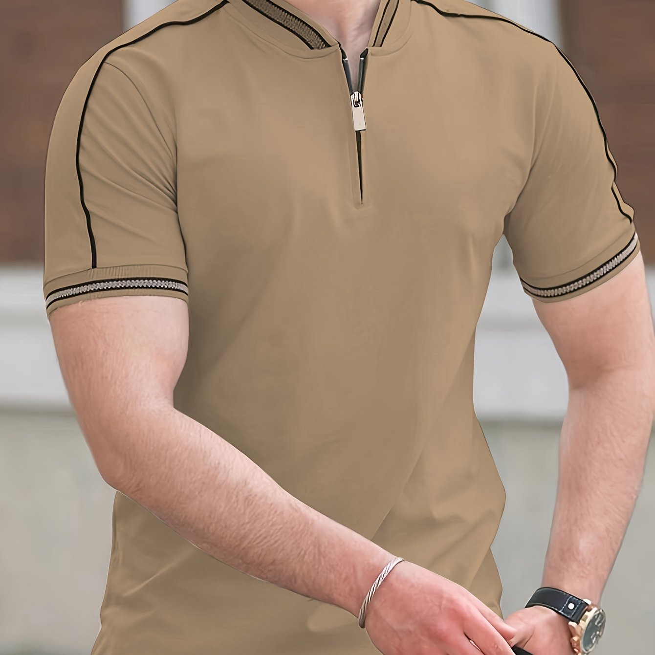 Men's Casual Short Sleeve Shirt - Breathable Moisture-Wicking Fabric, Stand Collar with Contrast Inlaid Lines & Half-Zipper Front, Sporty Solid Color Design for Summer Outdoor Sports & Casual Wear, Active Lifestyle Apparel, Comfortable Fit