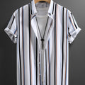 Men'S Casual Summer Short Sleeve Button-Up Shirt - White with Blue, Black, and Orange Vertical Stripes, Non-Stretch Fabric, Perfect for Weekend Outings, Casual Attire|Striped Shirt|Nonstretch Fabric